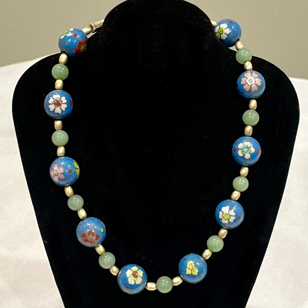Vintage Chinese Blue Cloisonné Jadeite Sterling Silver Bead Necklace Enamel
